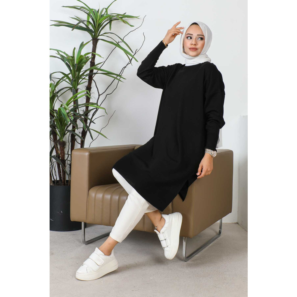 İmajButik Siyah Bisiklet Yaka Yırtmaçlı Triko Tunik Standart Beden Tesettür Giyim Fiyatı