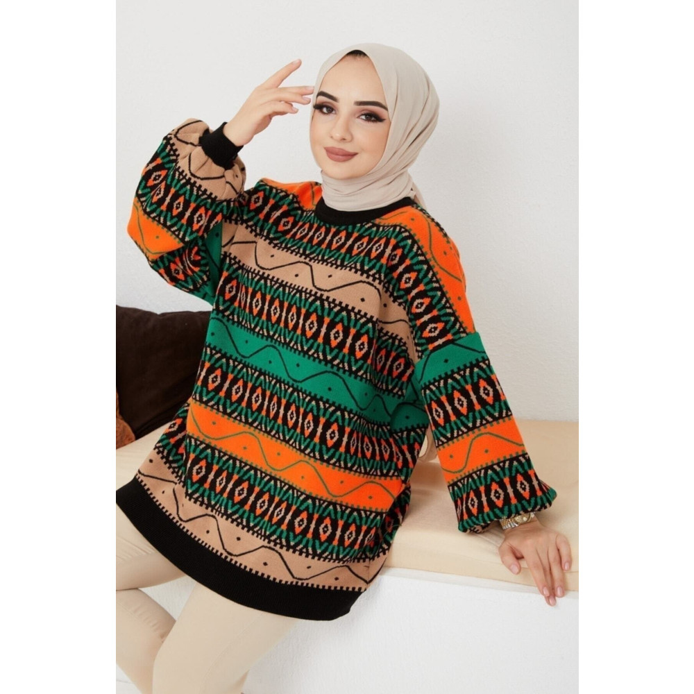 İmajButik Siyah Desenli Salaş Triko Kazak Tesettür Giyim Fiyatı