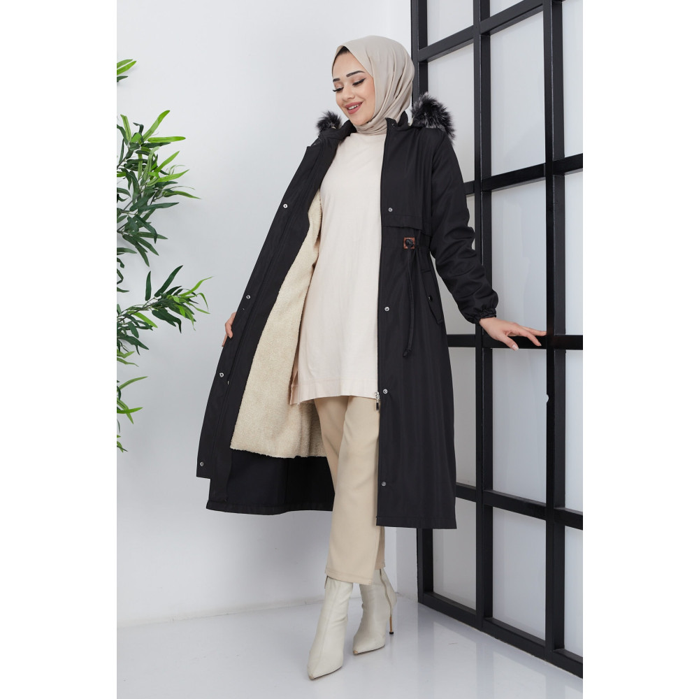 İmajButik Siyah Kadın Modest Kapüşonlu Içi Kürklü Büzgülü Bondik Tesettür Mont 46 Beden Tesettür Giyim Fiyatı
