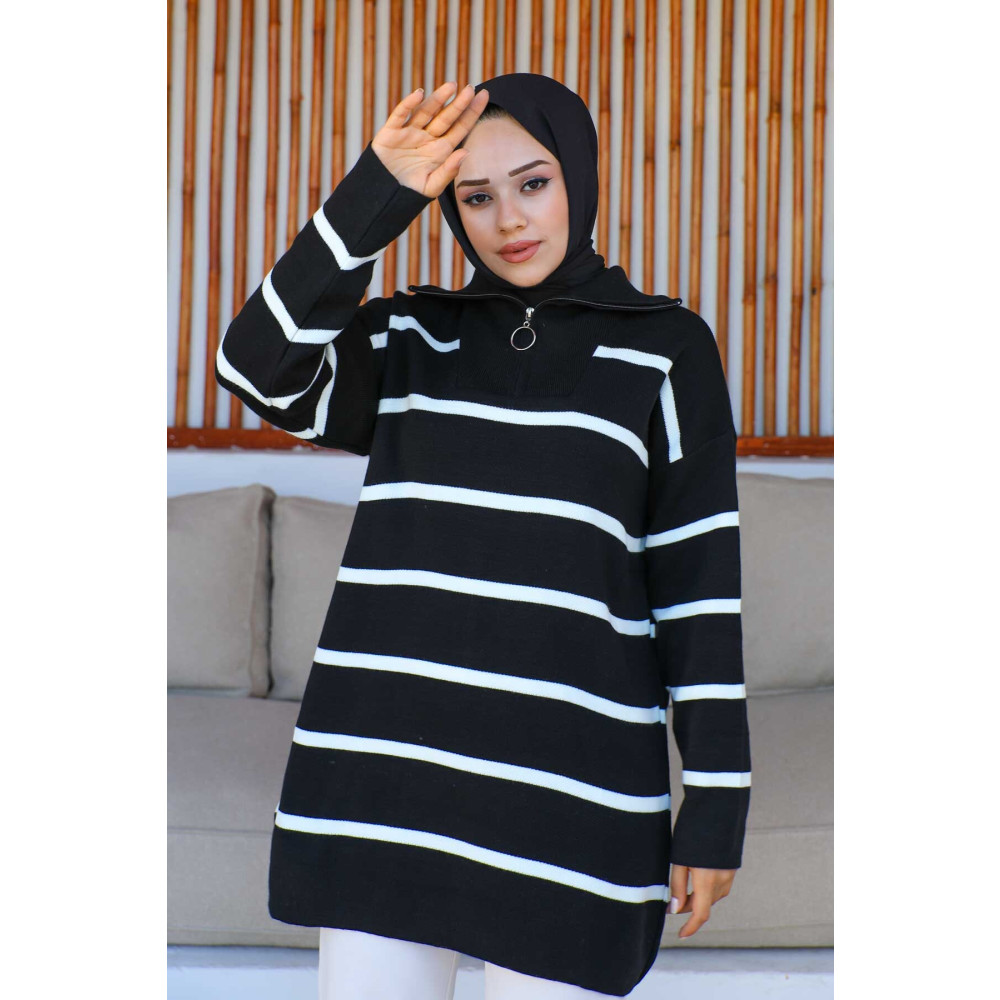 İmajButik Siyah Yaka Fermuarlı Çizgili Triko Tunik Standart Beden Tesettür Giyim Fiyatı
