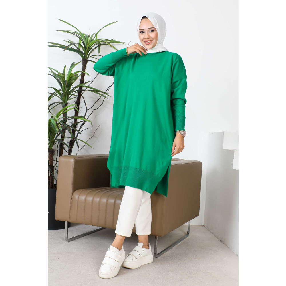 İmajButik Yeşil Bisiklet Yaka Merserize Salaş Triko Tunik Standart Beden Tesettür Giyim Fiyatı