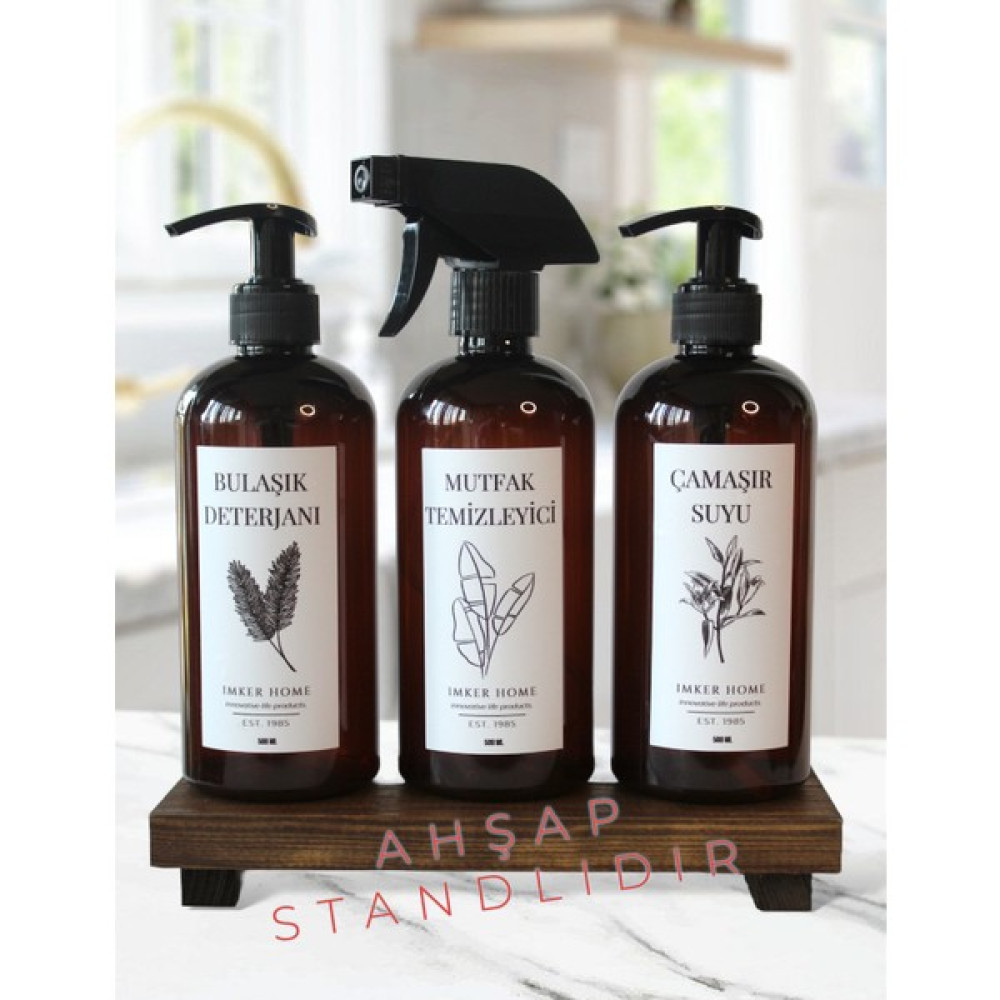IMKER HOME Ahşap Stantlı Amber Plastik Pompalı Bulaşık Deterjanı Fısfıslı Mutfak Temizleyici Çamaşır Suyu Şişesi 500 ml Sabunluk Fiyatı