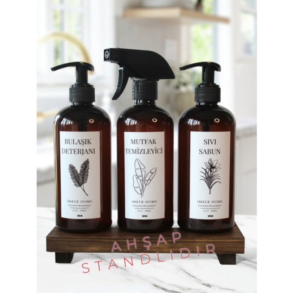 IMKER HOME Ahşap Stantlı Amber Plastik Pompalı Bulaşık Deterjanı Fısfıslı Mutfak Temizleyici Sıvı Sabun Şişesi 500 ml Sabunluk Fiyatı