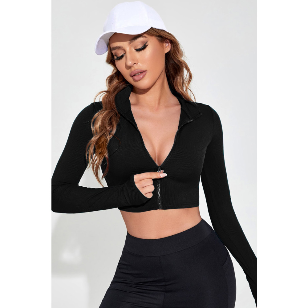 Imoda Kadın Siyah Uzun Kol Fermuarlı Parmak Geçme Detaylı Dik Yaka Crop Top Bluz L/XL Beden Bluz Fiyatı