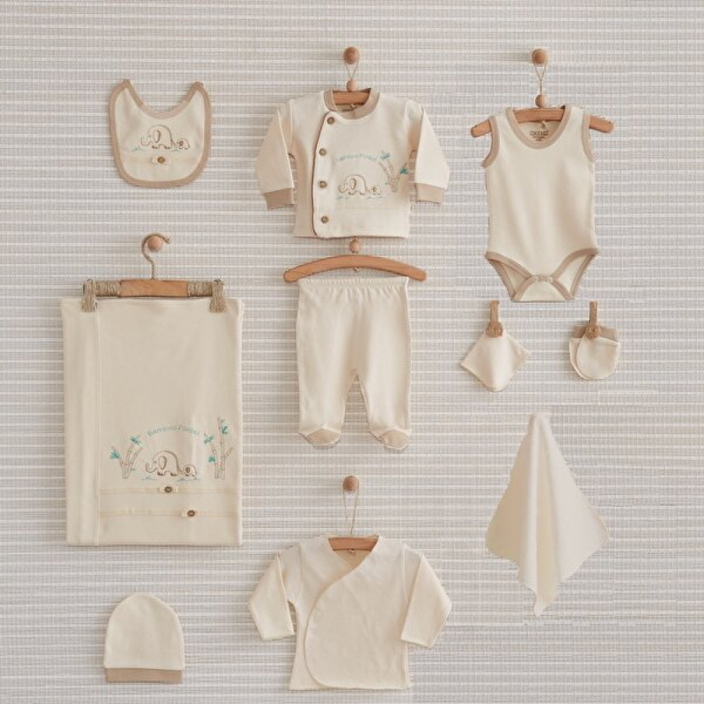 İna Pazarlama Bebbek Unisex Bebek Bej Organic Elephant 10 Parça Yeni Doğan Hastane Çıkış Seti Bebek Hastane Çıkışı Fiyatı