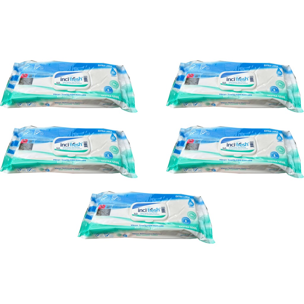 Inci Fresh Islak Vücut Temizleme Havlusu Mendil - Vitamin E + B5 - Parabensiz - 50 Adetlik 5 Paket El / Yüz Havlusu Fiyatı
