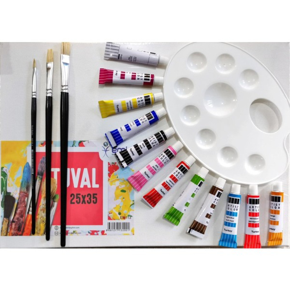 İnci Paketi Tuval 25 x 35 cm + Guaj Boya 12'li + Fırça Seti Tuval Fiyatı