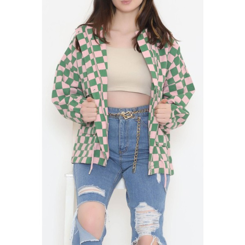 İnci Trend Desenli Oversize Ceket Pembeyeşil - 2309.1367. Bayan Ceket Fiyatı