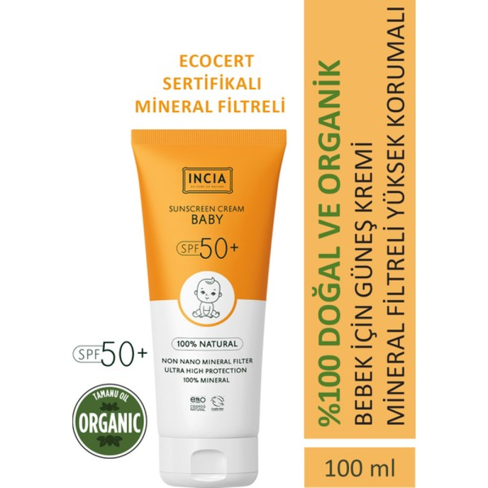 INCIA %100 Doğal Bebek Güneş Kremi Leke Karşıtı Mineral Filtreli Yüksek Koruma SPF50 UVA UVB 100 ml Bebek Güneş Kremi Fiyatı