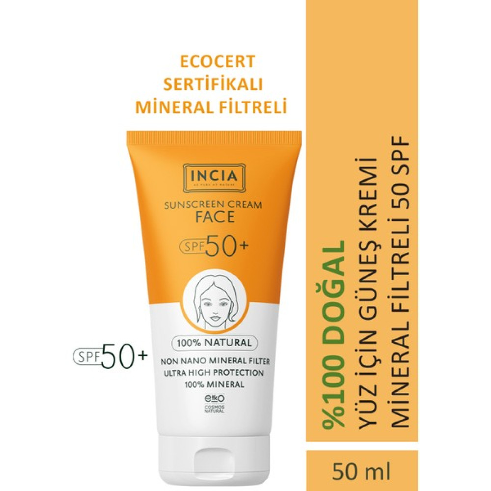 INCIA %100 Doğal Yüz Güneş Kremi Leke Karşıtı Mineral Filtreli Yüksek Koruma SPF50 UVA UVB 50 ml Güneş Kremleri ve Losyonları Fiyatı