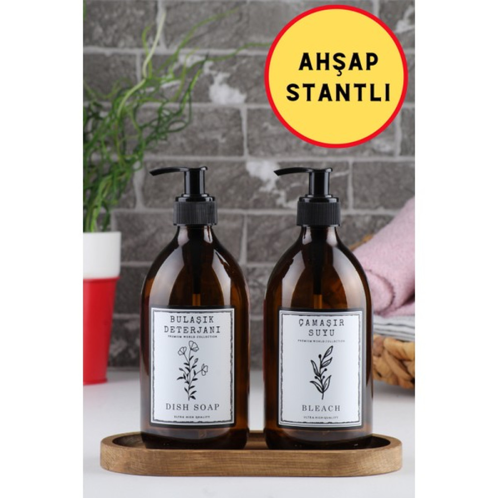 İncili Home Ahşap Stantlı 2'li Amber Cam Bulaşık Deterjanı ve Çamaşır Suyu Şişesi Sabunluk 500ML Bb-Cb Sabunluk Fiyatı