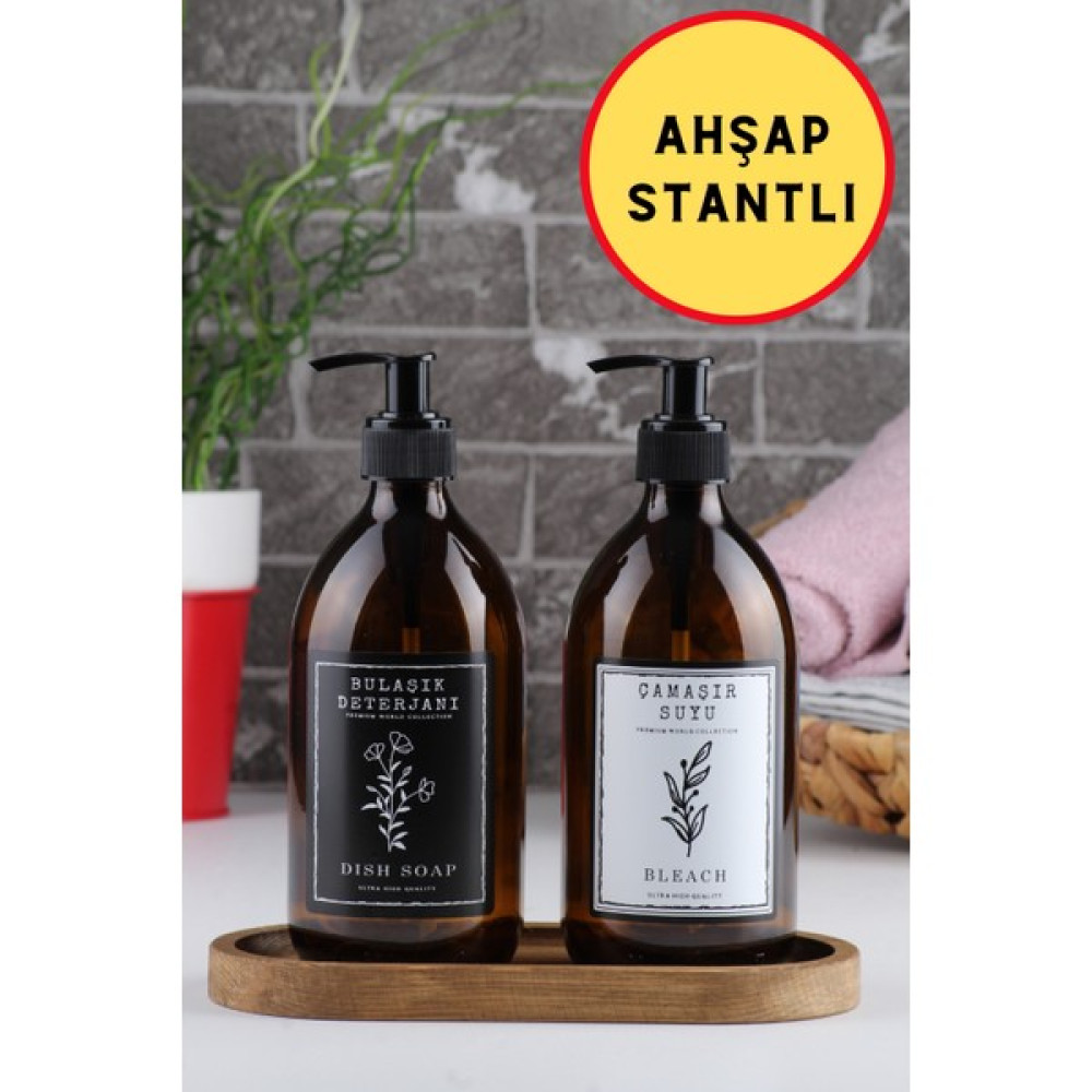 İncili Home Ahşap Stantlı 2'li Amber Cam Bulaşık Deterjanı ve Çamaşır Suyu Şişesi Sabunluk 500ML Bs-Cs Sabunluk Fiyatı