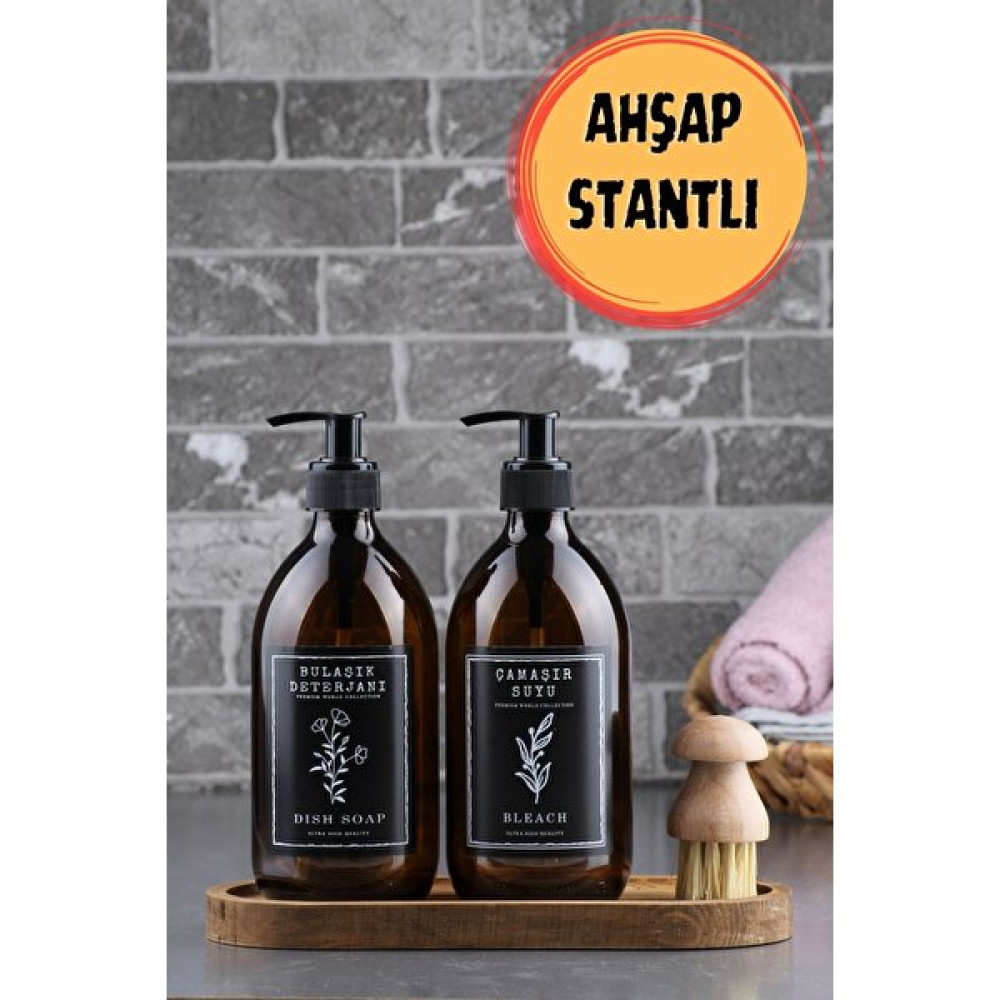 İncili Home Ahşap Stantlı Fırçalı 2'li Amber Bulaşık Deterjanı ve Çamaşır Suyu Şişesi 500ML Sabunluk Fiyatı
