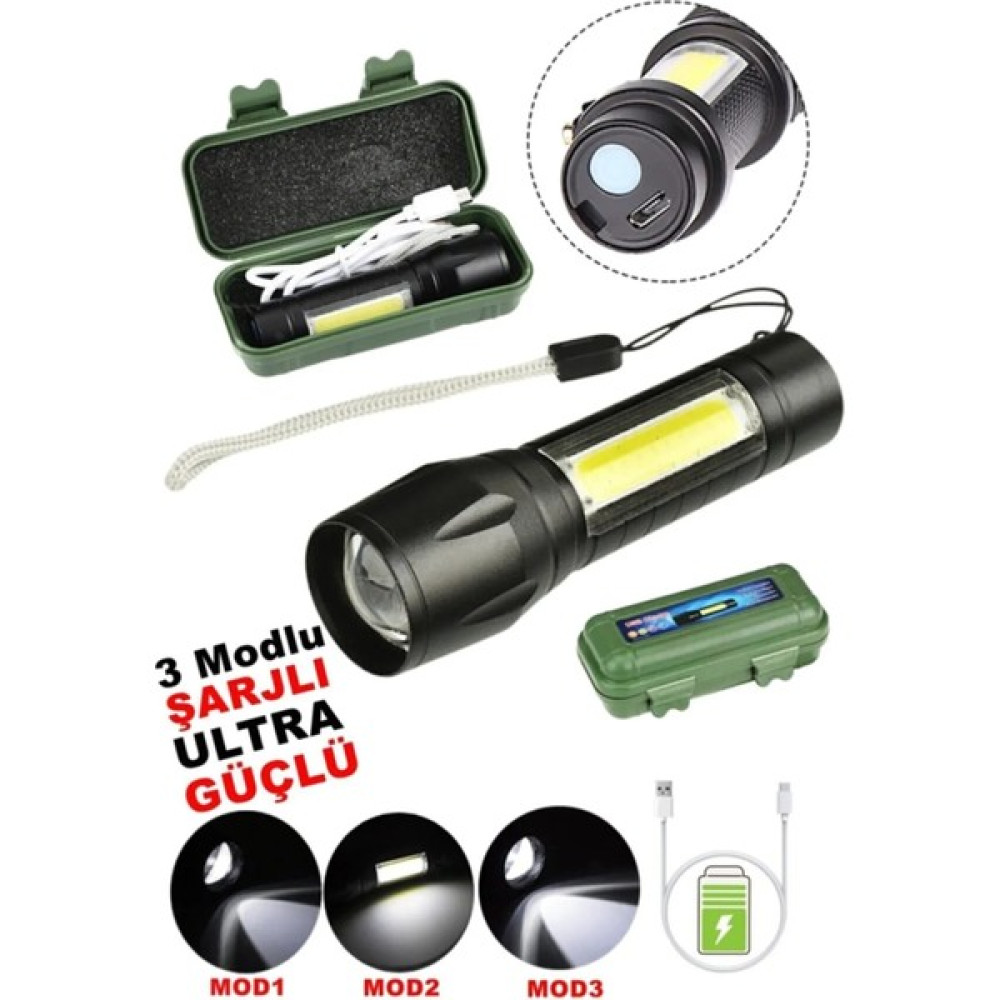 İndirim Center USB Şarjlı Zoomlu Flaşörlü 3 Fonksiyonlu LED Işıklı Ultra Güçlü El Feneri Kamp Outdoor Süper Kalite El Feneri Fiyatı