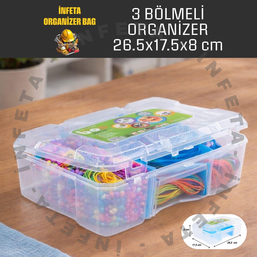 İnfeta 3 Bölmeli Şeffaf Kapaklı , Düzenleyici Organizer Malzeme Kutusu Hobi El Aleti Çivi Vida Çantası Diğer Fiyatı