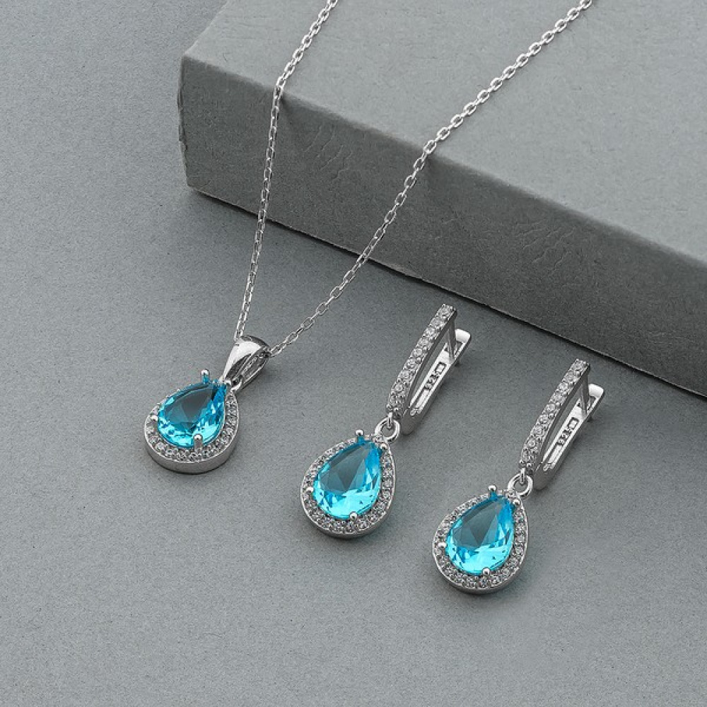 İnfini Takı 925 Ayar Gümüş Damla Kesim Aquamarine Taşlı Kolye Küpe Set - Gümüş - Mavi Gümüş Kolye Fiyatı