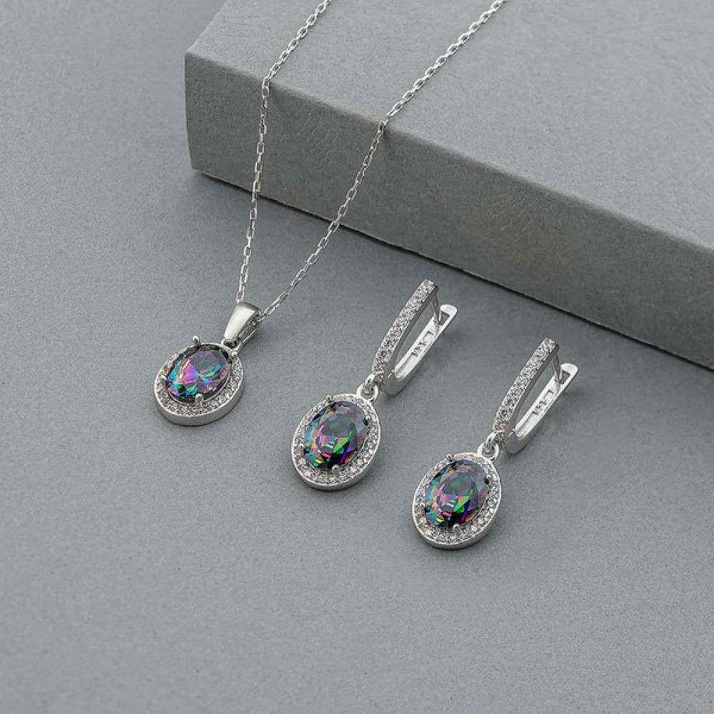 İnfini Takı 925 Ayar Gümüş Oval Kesim Mistik Topaz Taşlı Kolye Küpe Set Gümüş Kolye Fiyatı