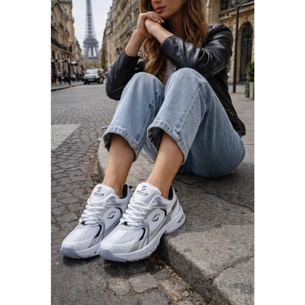 INFINITE Unisex Triko Sneaker Spor Ayakkabı Beyaz - Gümüş Suni Deri Hafif Taban Modeli Ayakkabılar ve Çantalar Fiyatı