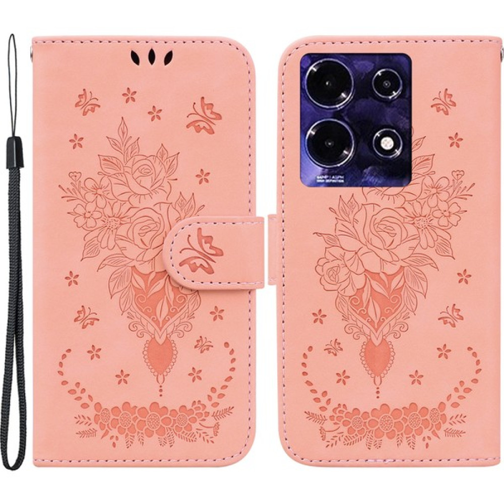 Infinix Note 30 4g Çizgi Anti-Çizelge Telefon Kılıfı Gül Baskılı Kelebek Pu Deri Cüzdan Flip Stand Kapağı (Yurt Dışından) - Pembe Cep Telefonu Kılıfı Fiyatı