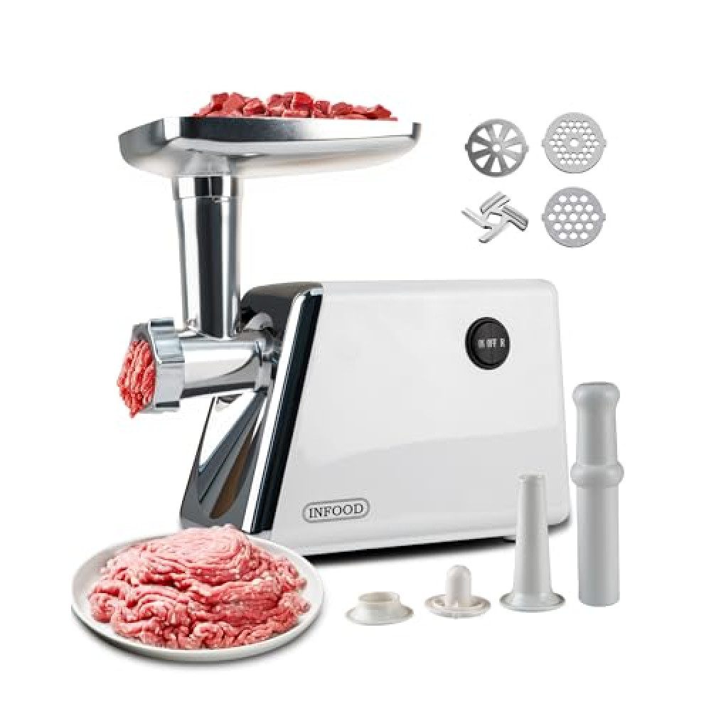INFOOD Electric Meat Grinder, 3000W Max Meat Grinders with Stainless Steel Cutting Blade, 3 Grinding Plates, 1 Sausage Maker & 1 Kubbe Kit for Home Kitchen Use, White