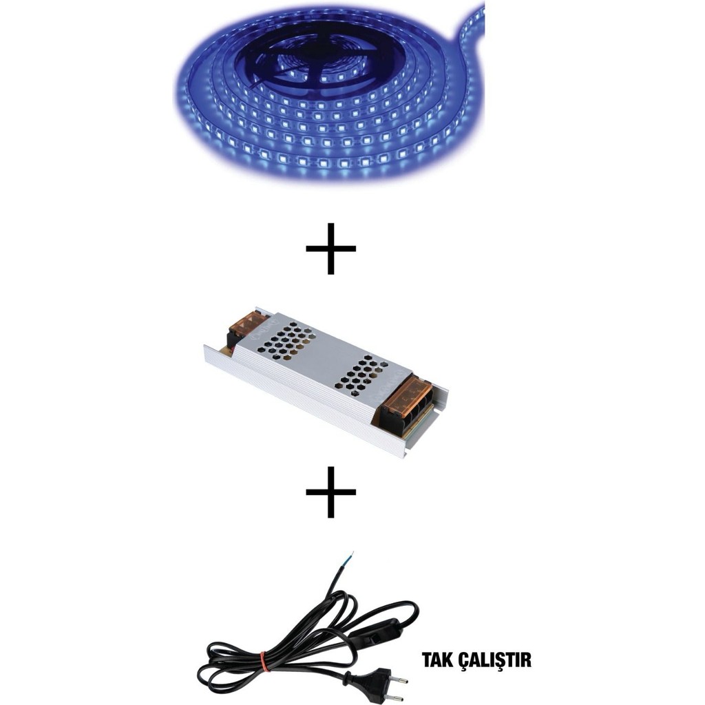 Informed 3 Çipli Iç Mekan Mavi Renk 5 Metre Şerit LED Işık + 5 Amper LED Trafosu + Kablo - 5 m Diğer Fiyatı