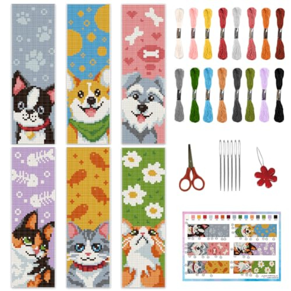 INFUNLY 6PCS Dogs Cats Cross Stitch Bookmark Kit for Beginners 8.66"×3.15" Animals Stamped Embroidery Bookmark Kit Pet Needlepoint Bookmark Kit with Instruction for Book Lovers Reader Writers