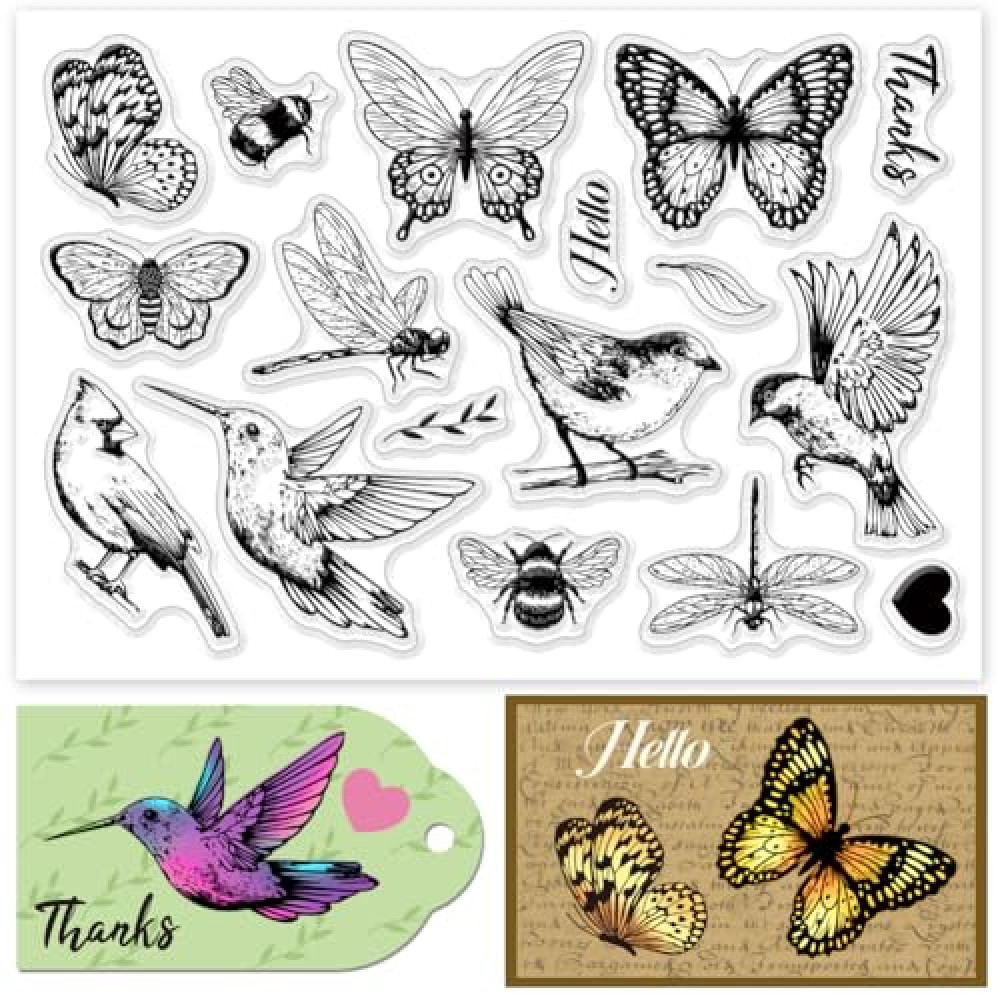 INFUNLY Vintage Bird Clear Stamps Butterfly Insect Rubber Stamps for Card Making 4.3x6.3 Hello Thanks Transparent Greeting Stamps Dragonfly Bee Silicone Stamps for Scrapbooking Photo Album Decor