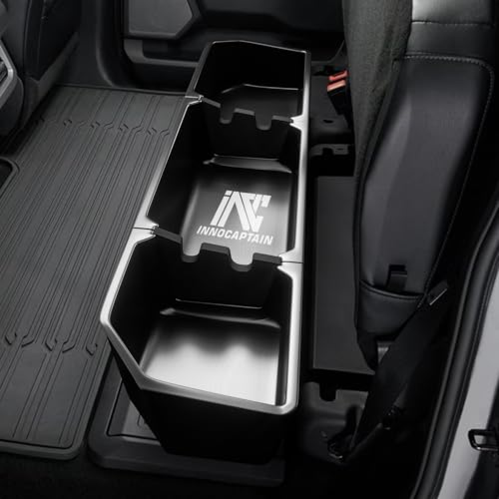 InnoCaptain Black Underseat Storage Custom Fit 2017-2024 Ford F-250 F-350 F-350 Super Duty and 2015-2024 Ford F-150 SuperCrew Crew Cab Heavy Duty Rear Under Back Seat Box Organizer, Anti Slip
