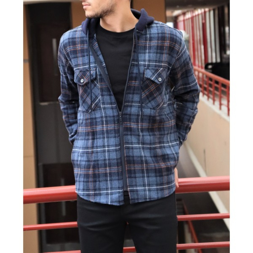 İnpool  Erkek Indigo Regular Fit , Kapüşonlu , Fermuarlı Çift Cep Ekose Oduncu Gömlek Erkek Gömlek Fiyatı