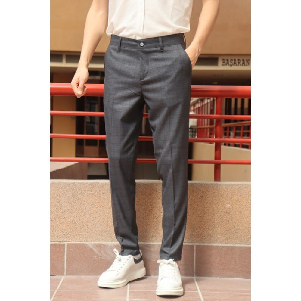 İnpool Erkek Lacivert Ekose Desen Slim-Fit Poliviskon Pantolon Erkek Pantolon Fiyatı