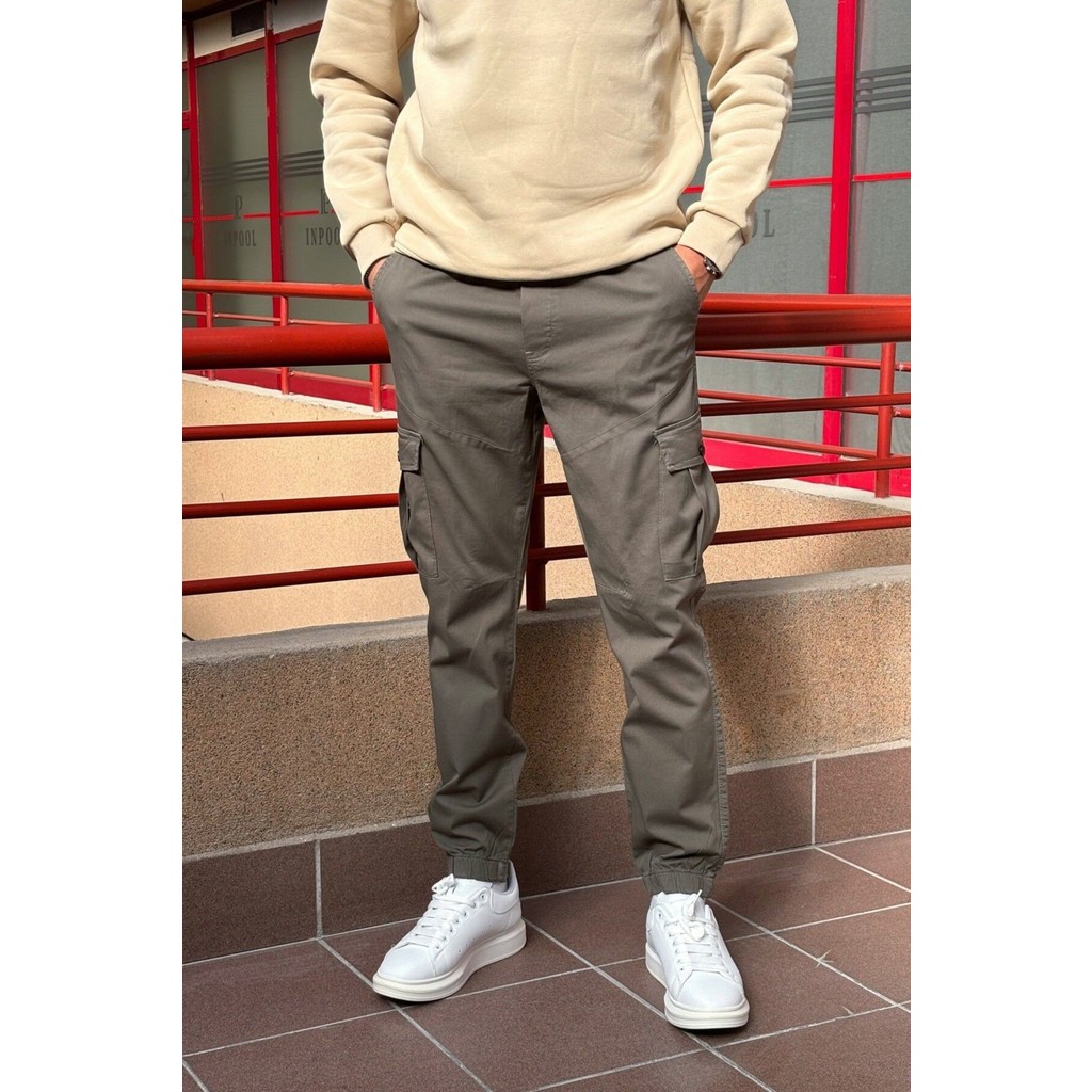 İnpool Gabardin Kargo Cep Erkek Pantolon Haki Renk Bel Ve Paça Lastikli Slim Fit Model Erkek Pantolon Fiyatı