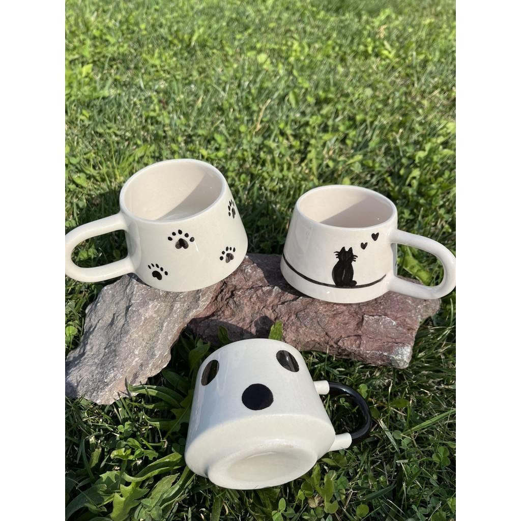 Inspire Ceramic El Yapımı Seramik Kedili Puantiyeli Seramik Kupa Seti 3'lü Kahve Kupası Takımı 225 ml - Renkli Fincan / Bardak / Kahve Takımı Fiyatı