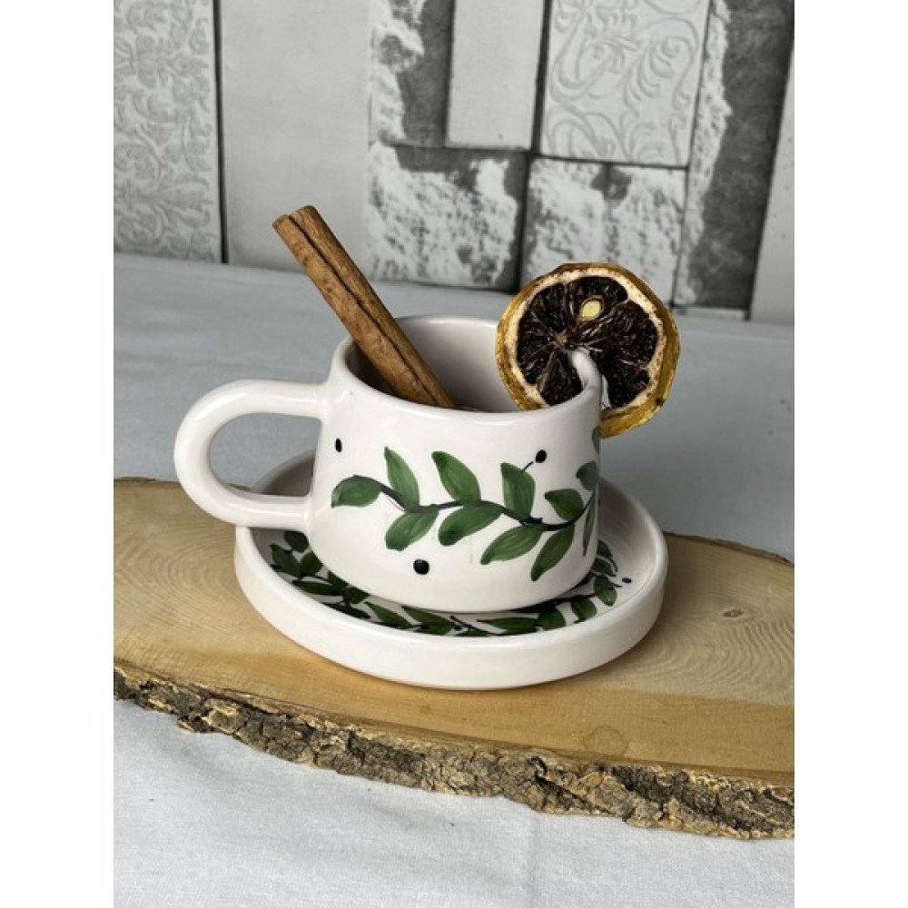 Inspire Ceramic El Yapımı Zeytin Dalı Desenli Tabaklı Kahve Kupası Seti 2 Parça 220 ml - Beyaz Fincan / Bardak / Kahve Takımı Fiyatı