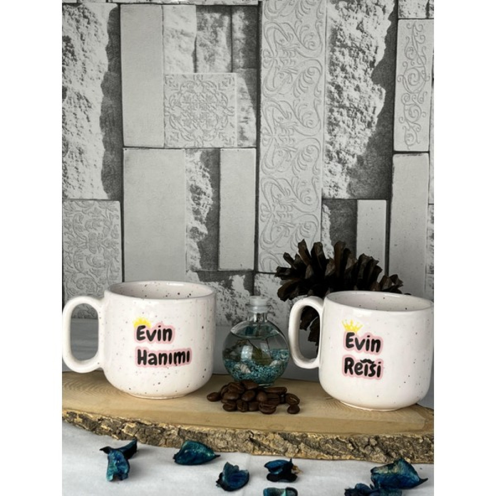 Inspire Ceramic Evin Hanımı, Evin Reisi Baskılı Kupa Seti 2'li El Yapımı Seramik Kahve Kupası Seti - Beyaz - 220 ml Fincan / Bardak / Kahve Takımı Fiyatı