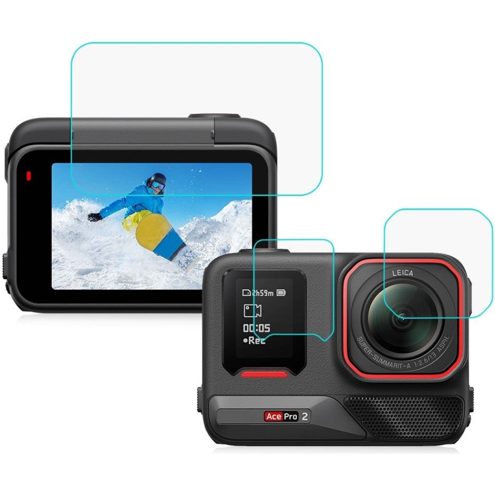 INSTA360 Ace Pro 2 Uyumlu Puluz 3'ü 1 Arada Arka ve Ön Ekran ve Lens Temperli Cam Filmi (Şeffaf Aksiyon Kamera Aksesuarları Fiyatı