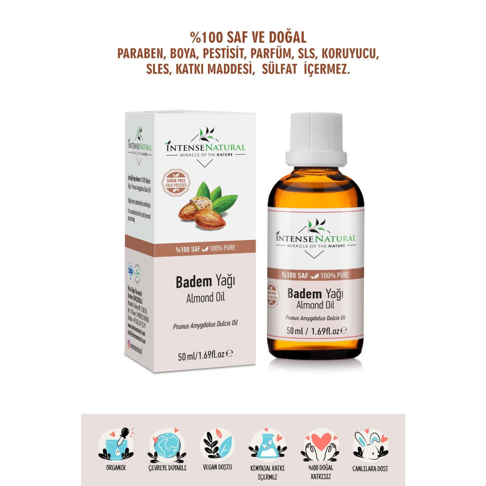 İntense Natural Badem Yağı Tatlı 50 ml Soğuk Sıkım %100 Saf Doğal Ve Organik Sweet almond oil Cilt ve Yüz Bakımı Fiyatı