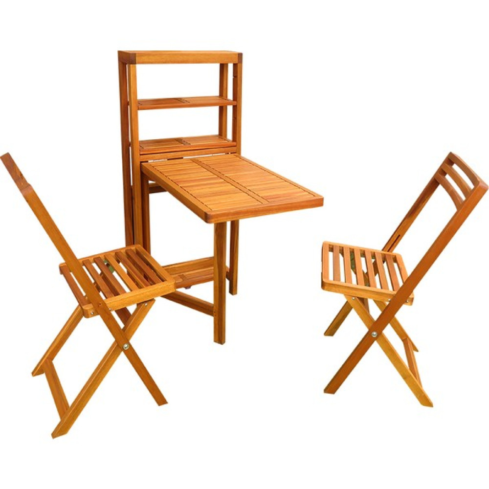 Interbuıld Real Wood Interbuild Masif Ağaç,Slat Küçük Boy Duvar Masa Takımı 1 Masa Ve 2 Sandalye,Altın Tik - Beyaz Bahçe Mobilyası Takımı Fiyatı
