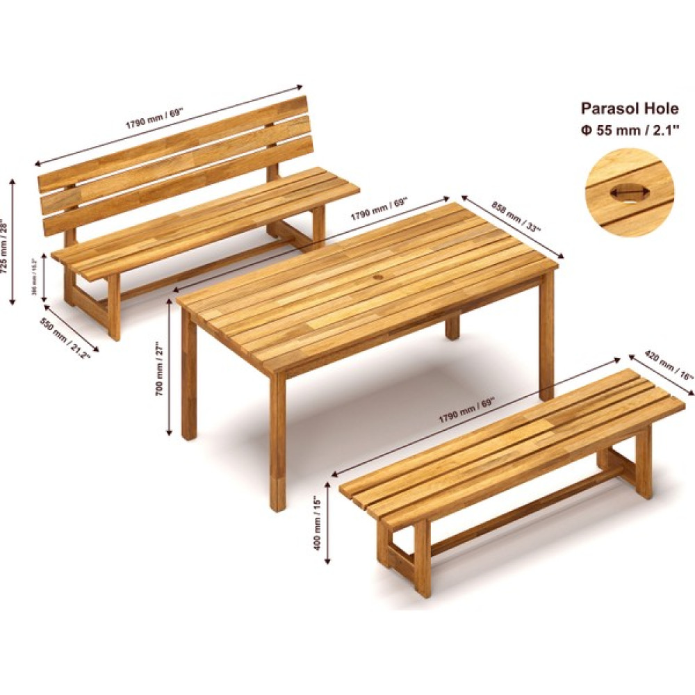 INTERBUILD REAL WOOD Interbuıld Masif Ahşap Oturma Grubu Peninsula 3'lü Bahçe Oturma Grubu Renk;altın Teak (1masa+1 Arkalıklı Bank+1 Arkalıksız Bank) Bahçe Mobilyası Takımı Fiyatı