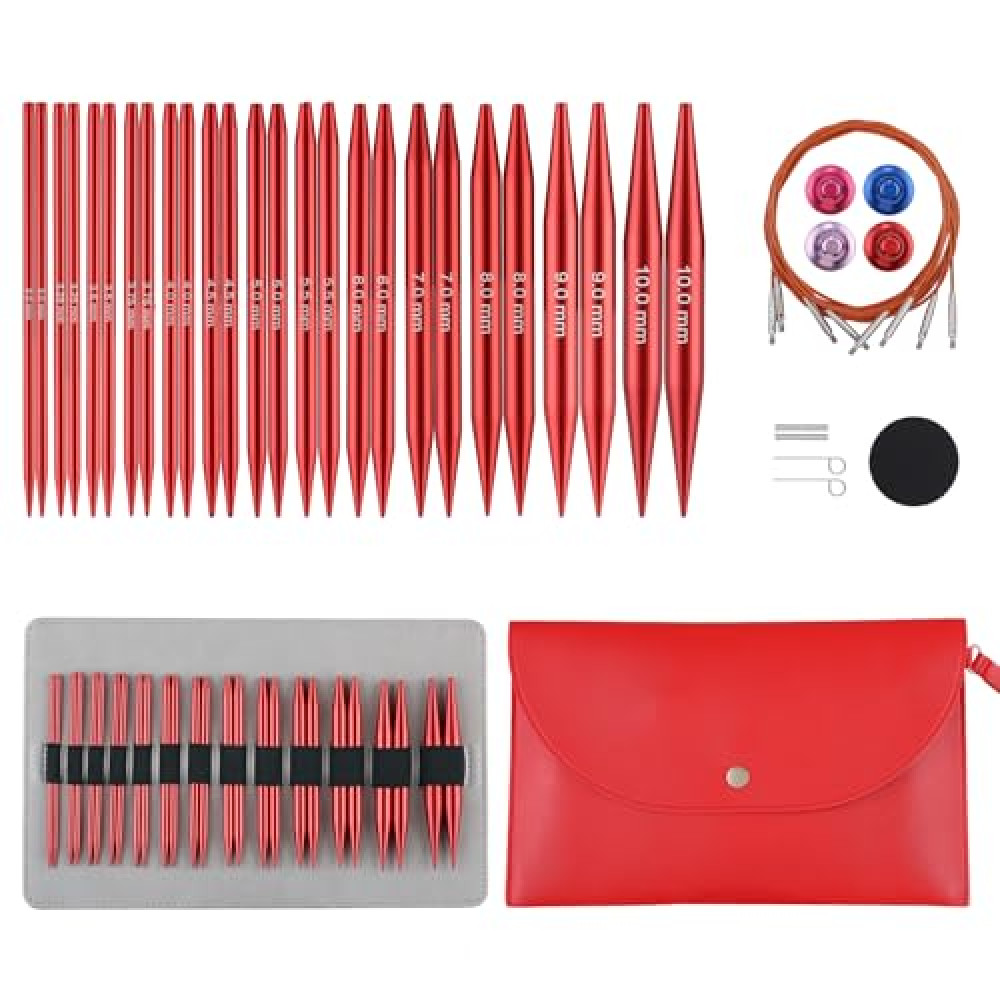 Interchangeable Circular Knitting Needles Set Sizes US 2.5, 3, 4, 5, 6, 7, 8, 9, 10, 10.5, 11, 13, 15 with Cables, Accessories and Case (Rose Red)