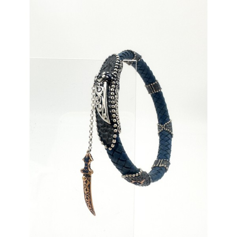Inure Jewelry Hançer Detaylı Hakiki Deri 925 Ayar Gümüş Erkek Bileklik - 19 - Lacivert Saat ve Bileklik Aksesuarı Fiyatı