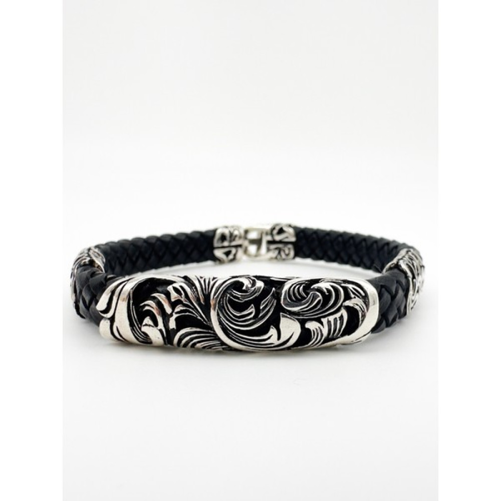 Inure Jewelry Karma Deri 925 Ayar Gümüş Erkek Bileklik - 22 - Siyah Saat ve Bileklik Aksesuarı Fiyatı