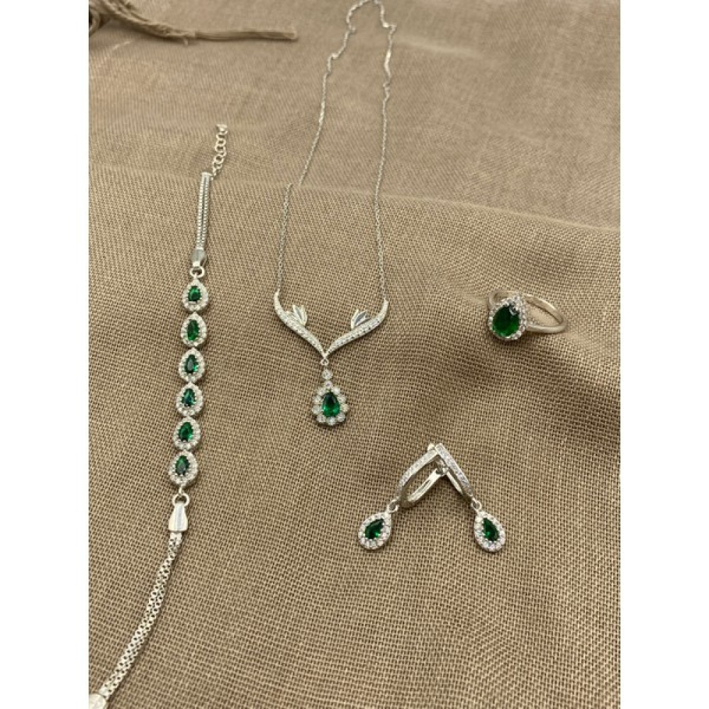 Inure Jewelry Sılver Yeşil Damla Model 925 Ayar Gümüş Süper Set (Kolye,bileklik,küpe ve Yüzük) - 15 Gümüş Kolye Fiyatı