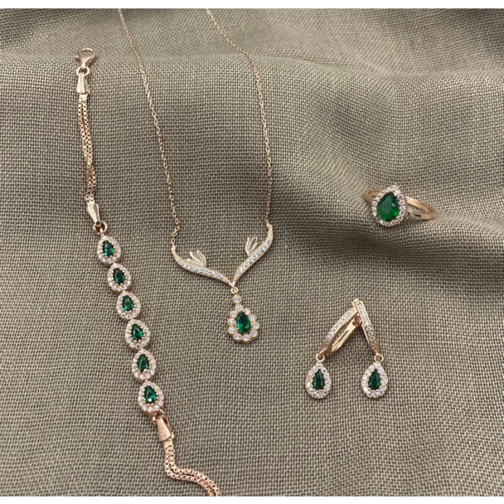 Inure Jewelry Sılver Zirkon Taşlı Yeşil Taş Damla Model Gümüş Set 925 Ayar Gümüş Kolye&bileklik&küpe&yüzük - 16 - Rose - Yeşil Gümüş Kolye Fiyatı