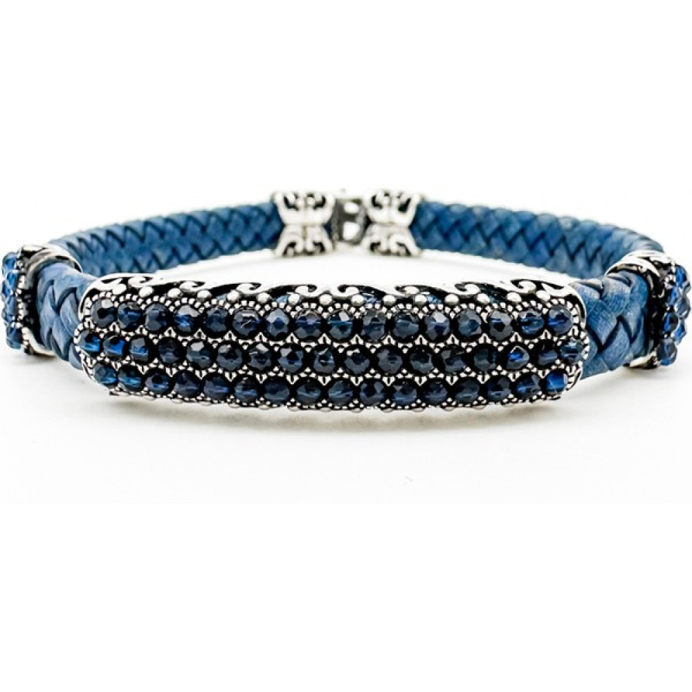 Inure Jewelry Sıralı Zirkon Taşlı Deri 925 Ayar Gümüş Erkek Bileklik - 20 - Lacivert Saat ve Bileklik Aksesuarı Fiyatı