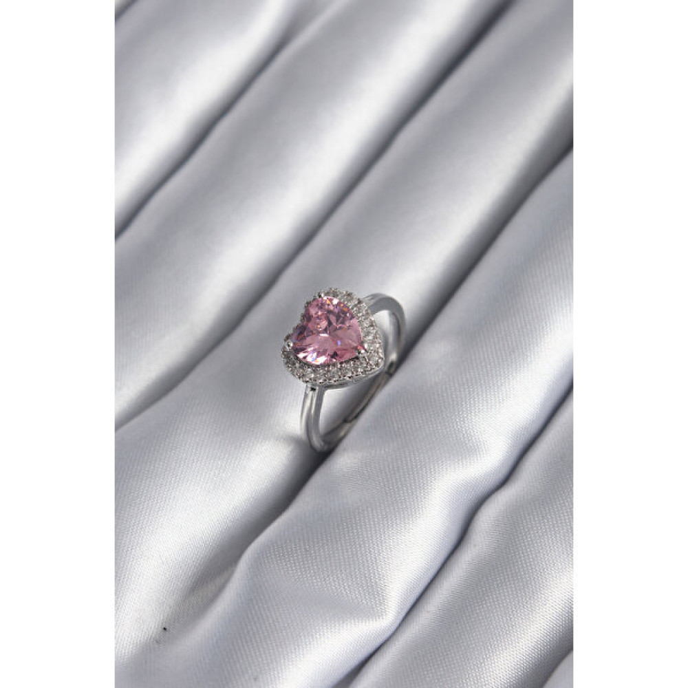 İnvanilla Pirinç Gümüş Renk Pembe Zirkon Taş Kalp Charm ciddi ilişki yüzüğü - S / M - Silver Bijuteri Yüzük Fiyatı