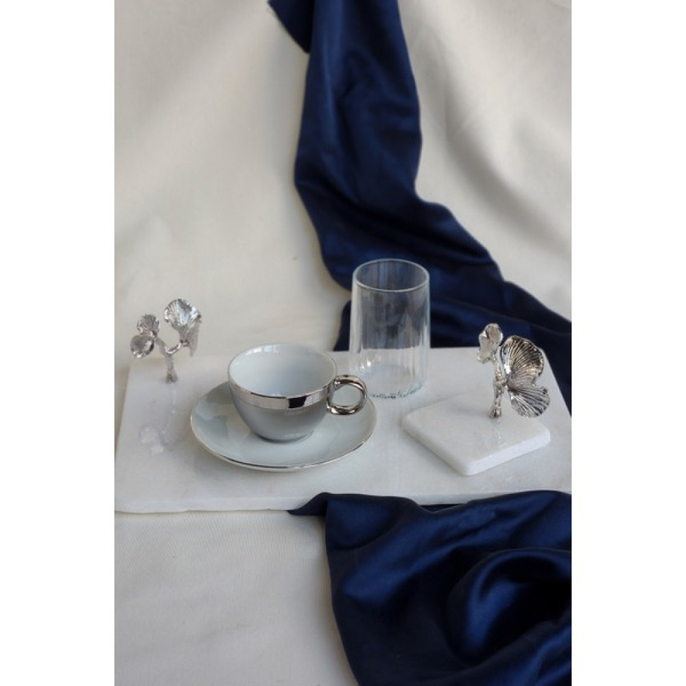 ioadesign Damat Kahvesi Seti Gerçek Ince Mermer Tepsi + Fincan + Su Bardağı +Lokumluk Ginko Figürlü Gümüş Renk - Rose Gold Servis Tepsisi Fiyatı