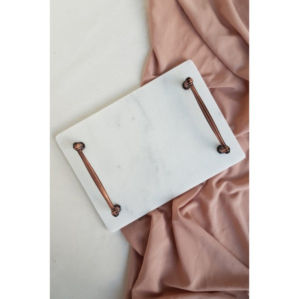 ioadesign Nergis Gerçek Ince Mermer Damat Kahvesi Tepsisi 28X20 cm - Eskitme Bakır Kulp - Antik Bakır Servis Tepsisi Fiyatı