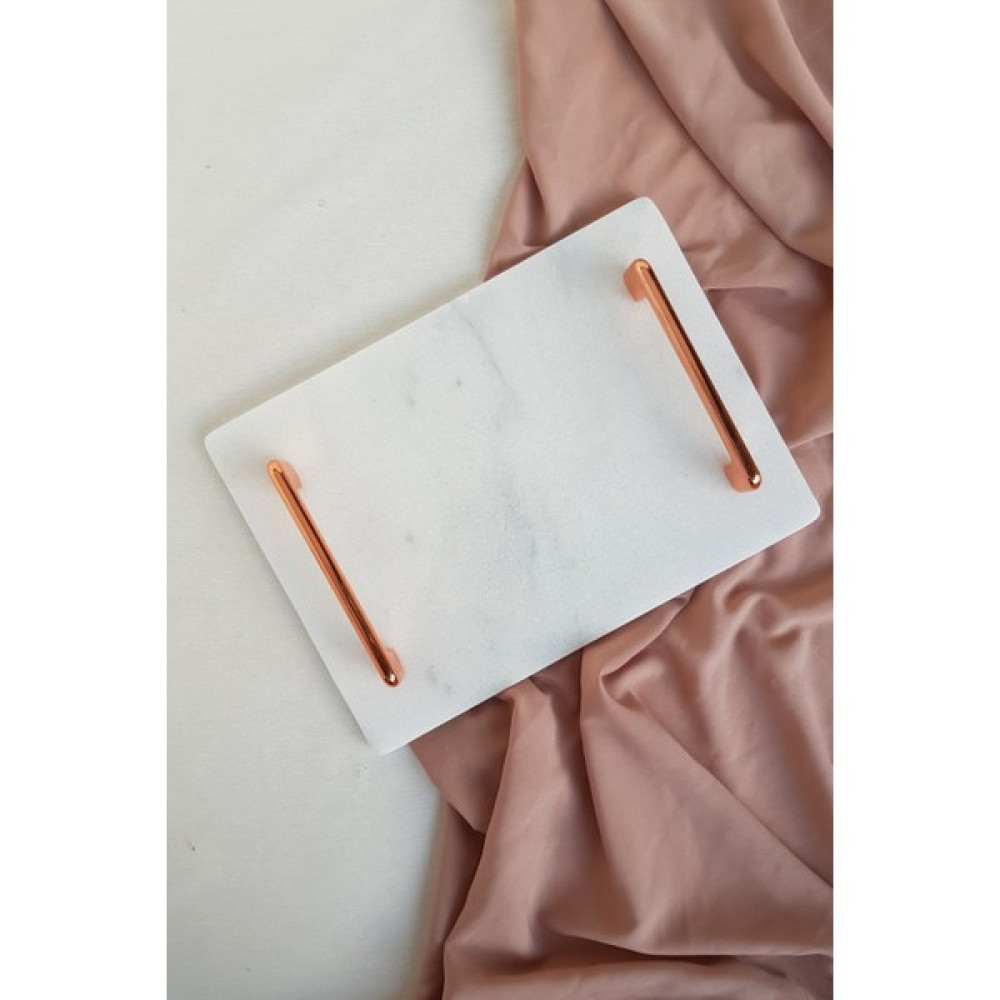 ioadesign Nergis Gerçek Ince Mermer Damat Kahvesi Tepsisi 28X20 cm - Rose Gold Kulp Servis Tepsisi Fiyatı
