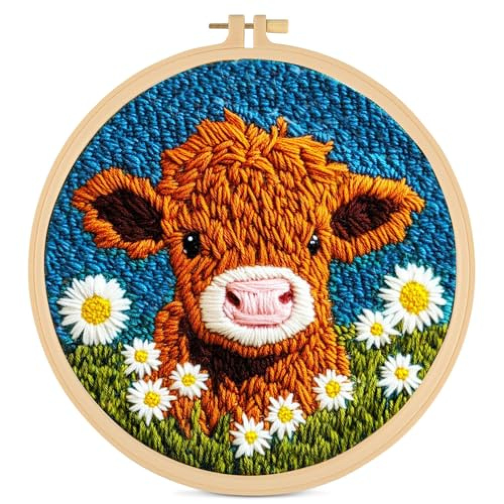 iodue Punch Needle Kit for Beginners, Punch Needle Kits Adults Beginner, Cute Cartoon Highland Cow with Daisy Flower