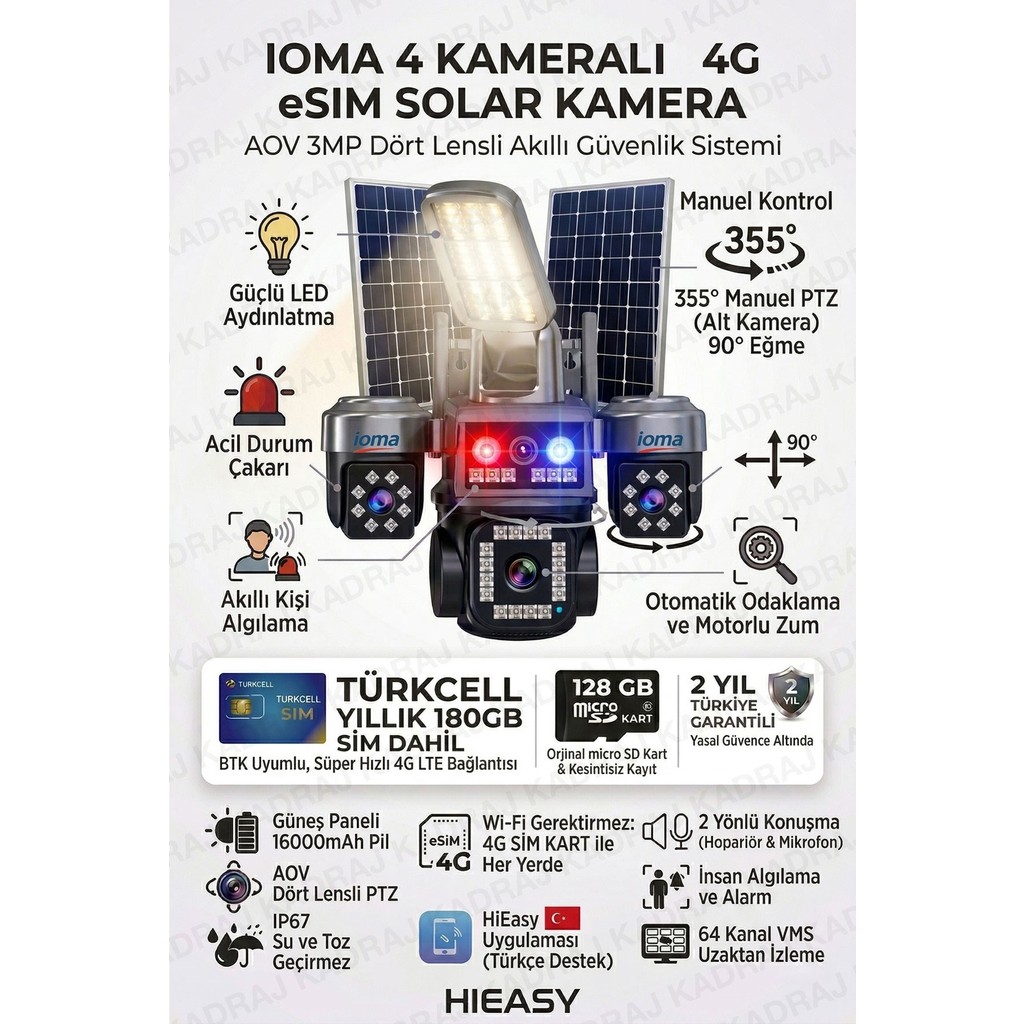 Ioma 4 Kameralı Sim Kartlı Kamera, 2 Solar Panelli, Ptz Aydınlatmalı, 2 Yönlü Konuşma, Çakar - Siyah Diğer Fiyatı